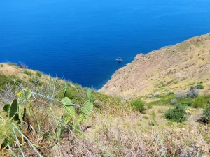 Vista panoramica dalla scogliera che si affaccia sul mare blu con vegetazione mediterranea