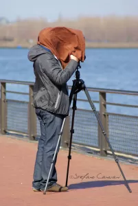 Fotografo all’opera Fotografo con un telo sulla testa mentre utilizza un treppiede vicino a un fiume