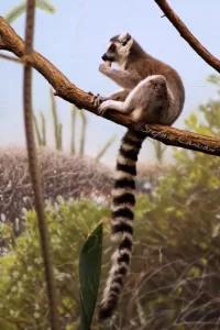 Un lemure seduto su un ramo con una coda a strisce in un ambiente naturale