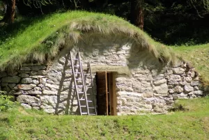 Costruzione in pietra con tetto verde Entrata in una costruzione in pietra con tetto di erba e scala di legno