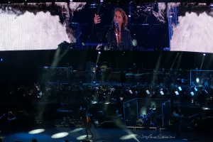 Luciano Ligabue - Concerto dal vivo con orchestra Luciano Ligabue - Un cantante su un palcoscenico illuminato durante un concerto con orchestra