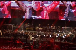 Luciano Ligabue - Concerto dell'Orchestra Sinfonica Luciano Ligabue - Orchestra in concerto con un direttore che applaude sullo sfondo di un grande schermo luminoso