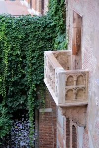 Balcone in stile gotico con edera che cresce attorno a un edificio storico